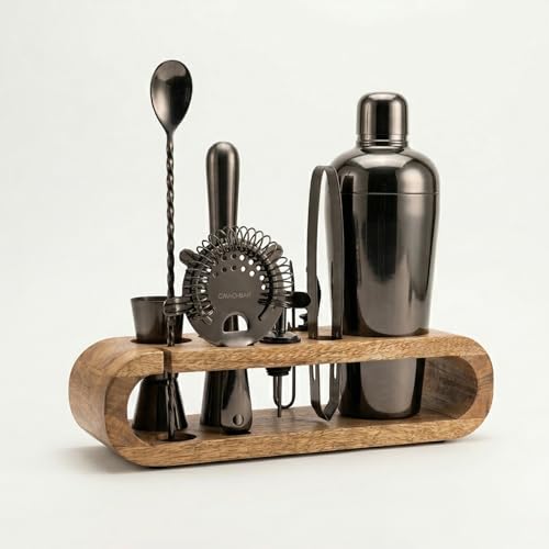 Image of Car-O-Bar Gun Metal Bar Set with Stand | 10 Piece Bartender Kit :Cocktail Shaker, Bar Spoon, Jigger, Muddler, Strainer, Wine & Beer Bottle Opener, 2 Pour Spouts, Tong, Wooden Stand with Handles