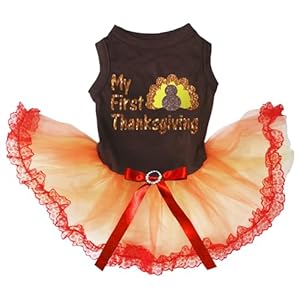 Petitebella My First Thanksgiving Turkey Puppy Dog Dress (Brown/Orange Lace, XX-Large)