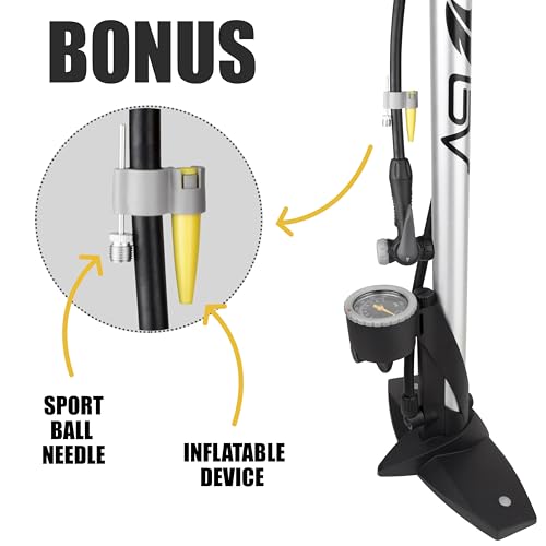 Image of BV Bicycle Pump Durable Bike Floor Pump 17 /24 inch Smart Valve Head, 160 psi, Automatically Reversible Presta and Schrader (Regular - Silver)