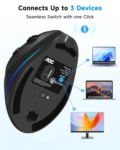 Image of AOC 2.4GHz Ergonomic Mouse, Wireless Bluetooth Vertical Mouse for Work, 4800 DPI Optical Tracking, 5 Adjustable DPI, Quiet Clicks, RGB Light, Compatible with Computer, Laptop, PC, Mac, Desktop - Black