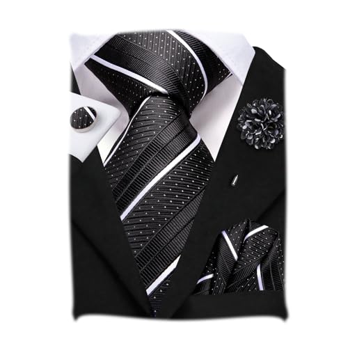 Image of Hi-Tie Men Silk Ties Set with Flower Lapel Pin Necktie Pocket Square Cufflinks for Tuxedo Wedding Business