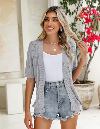 Image of Zeagoo Women's Short Sleeve 2026 Summer Crochet Cropped Cardigan V Neck Button up Bolero Shrug Sweater