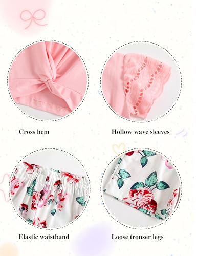 Image of mksodop Girls Clothes 2-Piece Teen Girls clothes Lace Hollow Short-Sleeved Twist T-Shirt And Floral Short Girl Summer Outfits