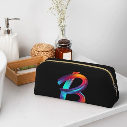 Image of Cute Initial Pencil Case for Kids Simple Leather Pencil Pouch for Boys Girls Letter Design Pencil Box Pen Bag Pencil Pouch Office Stationery Organizer, Rainbow Letter B