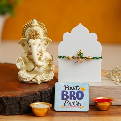 Image of eCraftIndia Divine Krishna Rakhi Gift Set for Brother with Lord Ganesha Showpiece & Best Bro Ever Fridge Magnet | Premium Designer Rakhi with Roli Chawal | Raksha Bandhan Gift Hamper