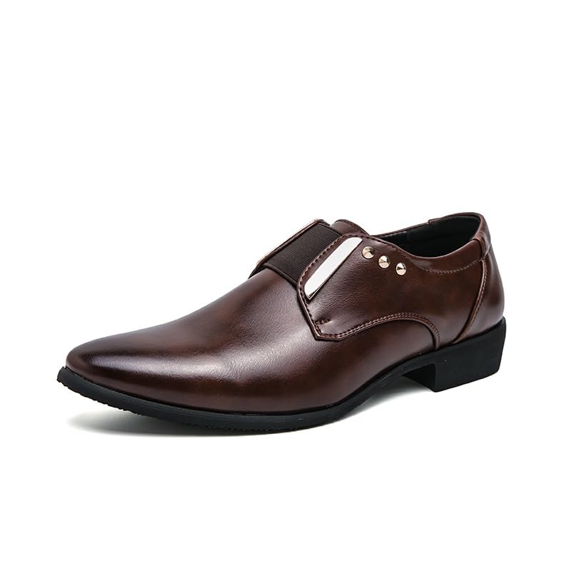 Oxford Shoes for Men Formal Shoes Slip On Style PU Leather Elastic Cord Metaldecor Pointed Toe(Brown,10 M US)
