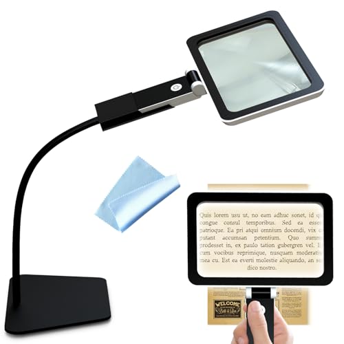 Lente di ingrandimento 2 in 1 con luce e supporto, 5 X lente di ingrandimento da lettura con luce per anziani grande, 24 LED di luminosità regolabile rimovibile, grande lato per leggere, cucito