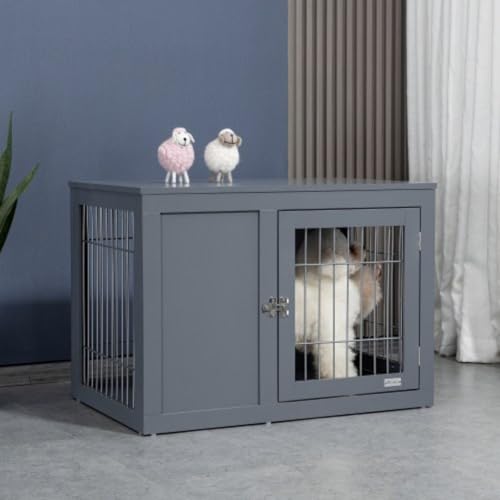 Dog Cage Furniture Wire Indoor Pet Cage, Furniture Style Crate, Furniture Style Dog Cage, Pet Furniture, Side Table with Double Doors, Locking Dog House, Suitable for Small and Medium Dog Houses, Gray