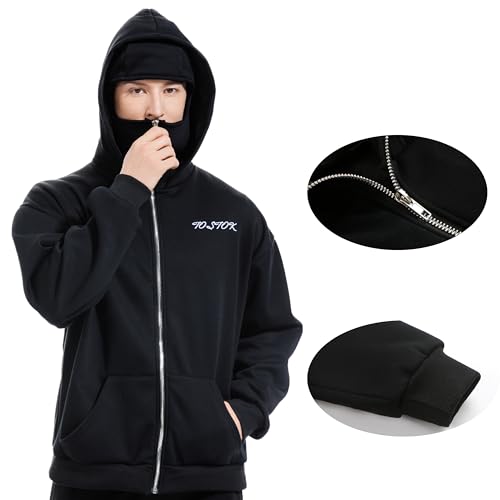 Men's Balaclava Hoodie Winter Double Layer Hooded Sweatshirt with zipper, Fleece-Lined Hip-Hop Hoodie3