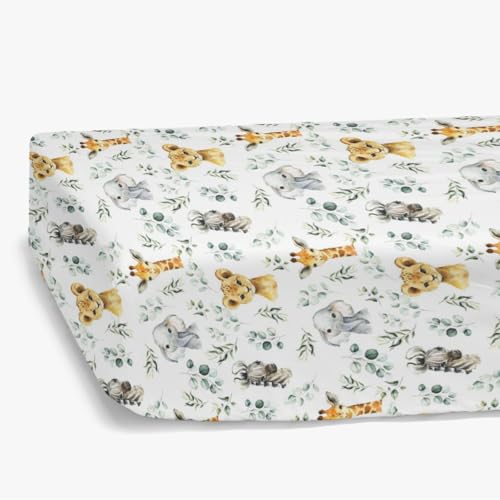 Image of HawSkgFub African Safari Animal Eucalyptus Leaf Fitted Standard Baby Crib Sheet, Neutral Jungle Elephant Giraffe Zebra Lion Toddler Mattress Cover, Soft Stretchy Nursery Bed Sheets Kids Gift 52" x 28"