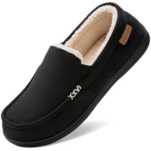 VeraCosy Mens Womens Comfy Suede Memory Foam Moccasin Slippers Warm Sherpa Lining House Shoes with Anti-Skid Rubber Sole Black /Men 9 UK Men/ 10 UK Women