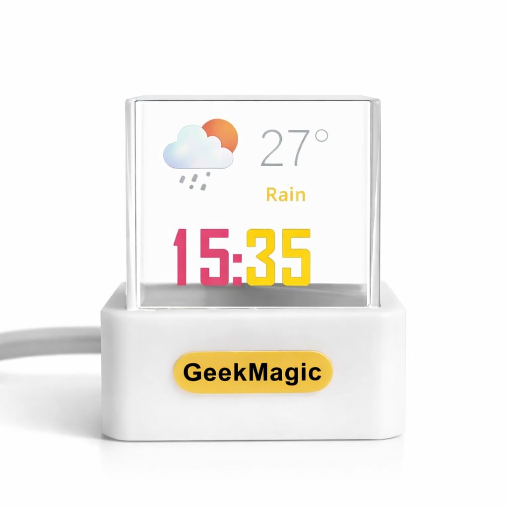 Crystal Cube Smart Weather Station Digital Clock with GIF Animation Photo Display, Desktop Prism Screen Album, USB Powered Mini Desk Decor Calendar Temperature Humidity White/CN