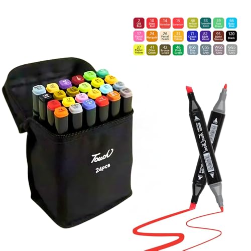 Kit 24 Canetinhas Coloridas Ponta Dupla com Estojo Tinta Durável com Marcador Permanente, Codificado por Cores para Colorir, Desenhar e Escrever (24)