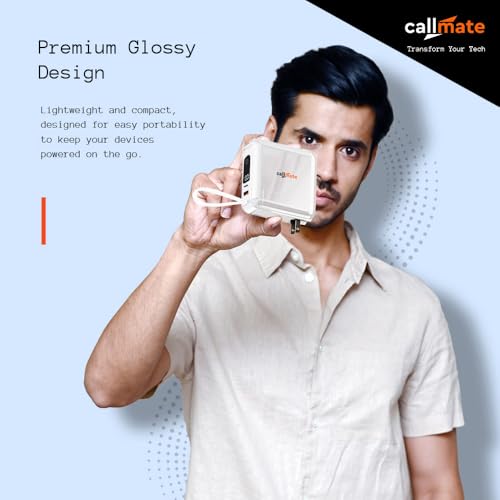 Image of CALLMATE Globetrotter 23W PD Fast Charging 10000mAh Power Bank with Built-in Charger (2.4A), USB-A QC 3.0 & USB-C PD Output Port with Built in Cable (Light-ning & Type C) (White)