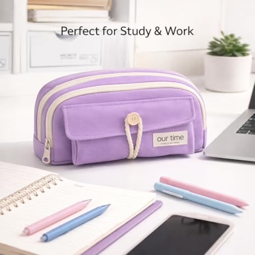 Image of Kawaii Cute Aesthetic Pencil Case for Girls & Boys | 3 Layer 6 Compartment Large Capacity Pencil Pouch with Zipper | Cartoon Stationery Organizer Bag for Students & Kids (Purple)