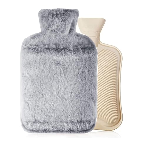 Bouteille Eau Chaude, Bouillote Chauffante, 2L Bouillotte avec Housse en Peluche Douce, Bouillotte eau Chaude 2L, Caoutchouc Naturel Bouillotte, Chauffe-Mains Et Chauffe-Pieds - Gris