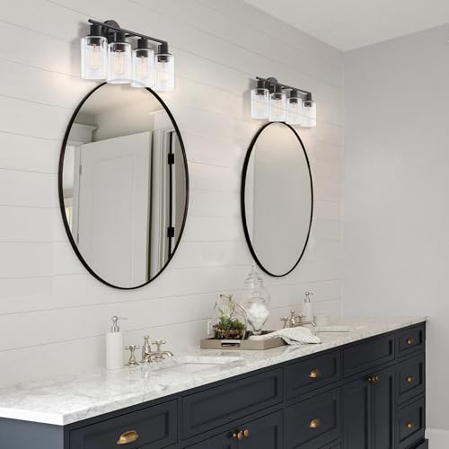 Image of 4-Light Bathroom Light Fixture Over Mirror Black 4-Light Vanity Light Fixture for Bathroom Vanity Black Wall Sconce Over Sink