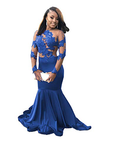 MariRobe Women's Mermaid Lace Applique Prom Dresses Illusion Long