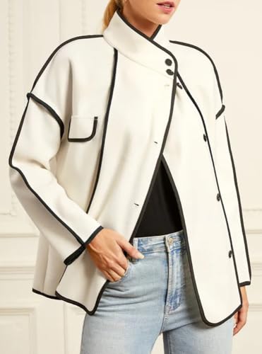 chouyatou Women's Winter Stand Collar Button Down Wool Coat Casual Loose Short Wool Jacket3