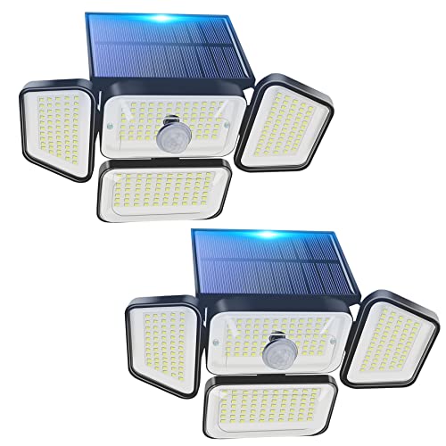 【2個入 屋外 ソーラーライト】LEDセンサーライト 人感 充電式 2個 LEDソーラーウォールライト屋外 防水 IP65 人感センサー壁灯 太陽光発電【268LED 4面発光 光束最大2400ルーメン】2200mAh大容量電池 3つ点灯モード 壁掛け式 LED防犯ライト ガレージ ライト ガーデンライト 屋外 ソーラー 人感 玄関/駐車場/車道 照明 停電/災害時に適用 自動点灯/消灯 1枚目