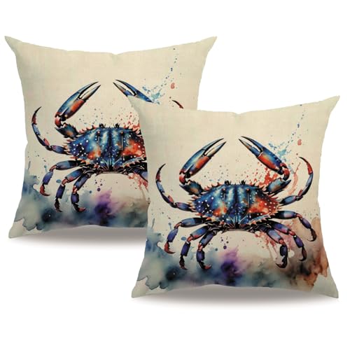 7COLORROOM Sea Pillow Covers 18x18 Inch Ocean Animals Sea Crabs Cushion Case Coastal Beach Theme Farmhouse Summer Decoration 2Pack Square Pillowcase for Patio Couch Sofa (Navy Blue)