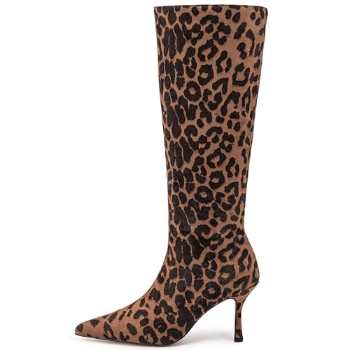 YIYA Women's Leopard Print Kitten Heel Knee High Boots Wide Calf Sexy Pointed Toe Stiletto Mid Heel Dress Party Fashion Long Boots with Side Zipper2
