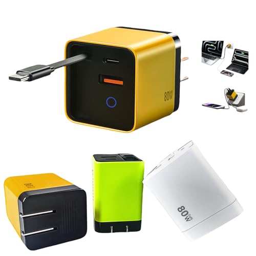 80W GaN Fast Charger with Retractable USB-C Cable 3-in-1 Wall Charger Block with Built-in Type-C Cord & 2 USB Ports PD 3.0 & QC 4.0 Fast Charging for iPhone 15/16/17 Samsung Galaxy Pixel iPad Y