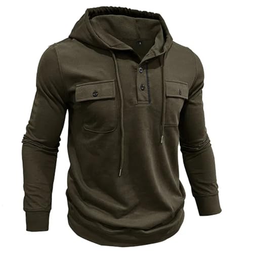 MakingDa Men’s Hoodie Long Sleeve Casual Worker Button Chest Pockets Pullover Muscle Regualr Fit Drawstring Hooded Shirt Solid Work Sport Hoody Army Green M - Image 2