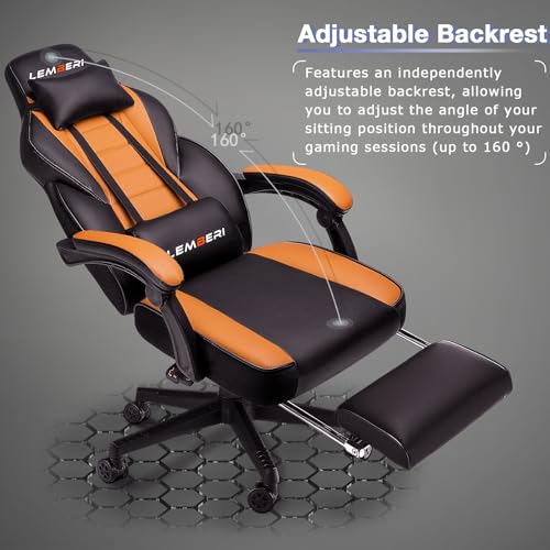 Image of LEMBERI Big and Tall Gaming Chair 400lb Capacity, Heavy-Duty Office Chair with Reinforced Footrest, Wide Seat High Back PC Desk Chair with Linkage Armrests, Thickened Steel Frame, PU Leather, Orange