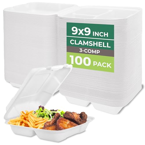 Image of Freshware Clamshell Food Containers with Lids [9x9 inch] 3-Compartment 100-Pack, Disposable To Go Containers, Biodegradable Sugarcane To Go Boxes - Paper Container - Microwave & Freezer Safe, Stackable