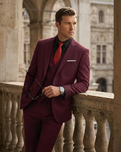 Image of YND Men's Slim Fit 3 Piece Suit Set, One Button Solid Blazer Vest Pants with Tie