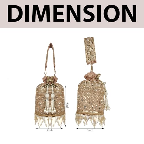 Image of Nevis Silk Fabric Designe Embroidered Potli Bag with Pearl Tassels & Beaded Strap | Bridal Ethnic Drawstring Clutch for Wedding