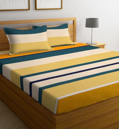 Image of la' amour Cotton 220 TC Flat Double Bed Bedsheets for Summer Breathable | Wrinklefree (Size- 228 x 230 Cm) with 2 Pillow Covers (Size-17 X 27 Inches, Abstract, Mustarded & Teal Green)