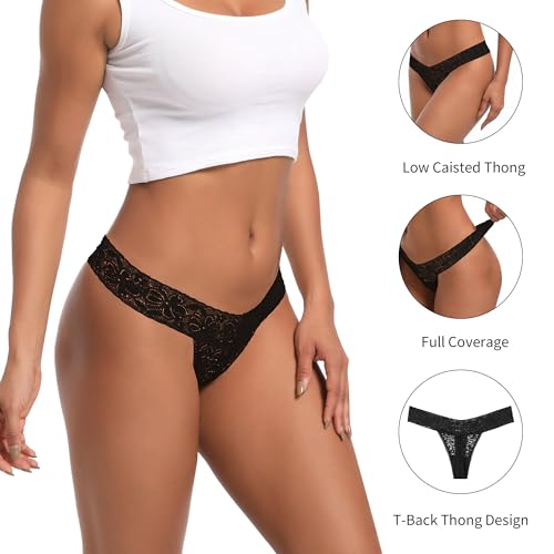 Image of Cotton Thongs For Women, Lace Thongs For Women,10 Pack Size XS to 5XL | Delicate Floral Lace Trim,Buttery Soft Stretch Waistband,Minimal Thong Cut,Daily Everyday Wear,Value Multipack Lingerie