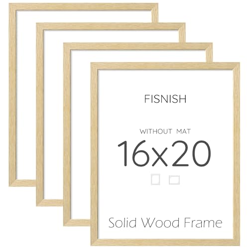 Image of 16x20 Picture Frame Set of 4, Natural Solid Wood Picture Frames, Display 16x20 Photos without Mat, Horizontal or Vertical Wall Mounting Poster Frame, Oak Wood Grain