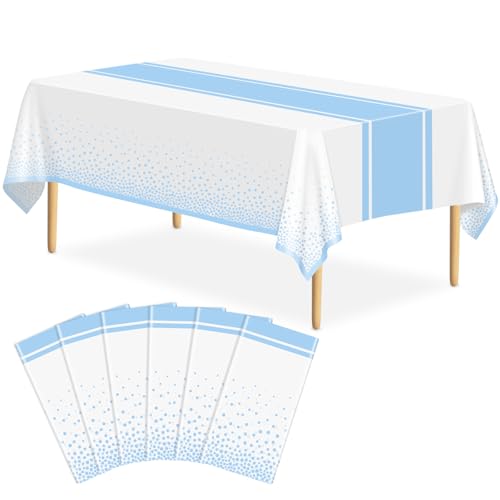 Image of 6 Pack White and Light Blue Tablecloth Party Decorations Plastic White Tablecloth Printed Light Blue Table Runner 54 x108 Inch Disposable Rectangle Table Cover for Birthday Wedding Graduation