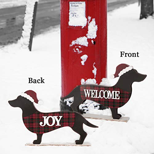 Image of Glitzhome 21.93 inch L Wooden Metal Dachshund Standing Front Door Porch Sign Christmas Welcome Sign Outdoor Indoor Welcome Joy Sign Xmas Holiday Decorations