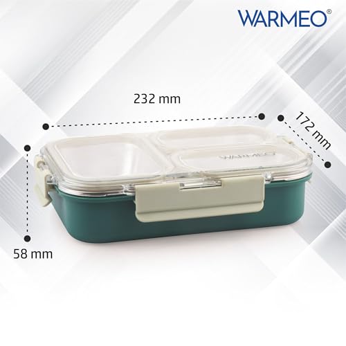 Image of WARMEO BENTO Microwave-Safe Stainless Steel Lunchbox with 3 compartments,bpa Free,Perfect for Office, School, Travelling, 750ml-Green