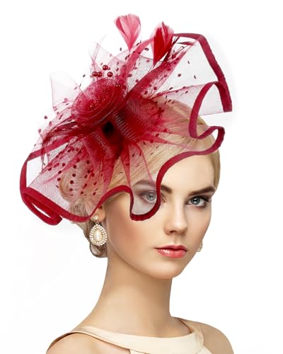 Zinniday Wine Red Fascinators Hats for Women - 2026 Kentucky Feather Mesh Derby Hat with Detachable Headband 1920s Victoria Tea Party Fascinator for Church Cocktail Party Prom Carnival Halloween