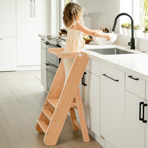 Comfy Cubs Kids Step Stool for Ages 3+, 3 Height Adjustable Toddler Tower, Montessori Furniture Designed in The US - Toddler Standing Tower for Kitchen Sink & Bathroom Access - Natural Wood
