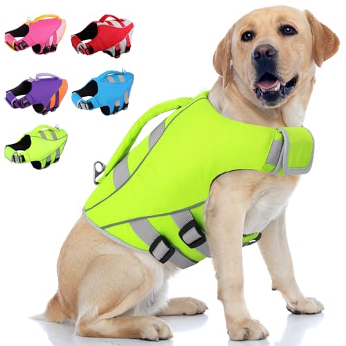Queenmore XL Dog Life Jacket Large Dog Life Vest for Swimming Boating Giant Big Dog Swim Vest Ripstop Pet Life Vests with Rescue Handle Leash Hole Safety Water Floating Vest Hi-Vis Green