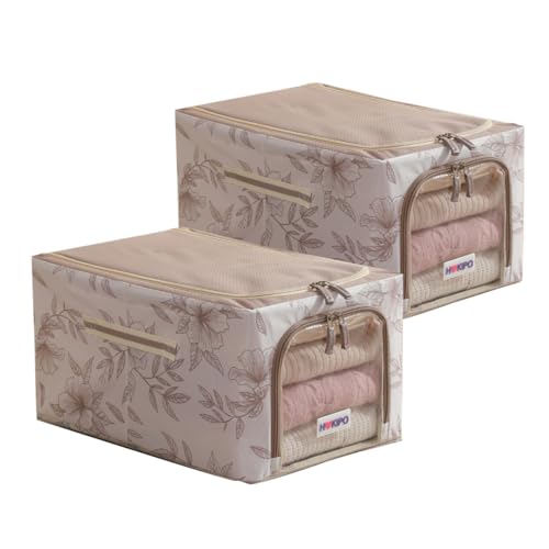 Image of HOKIPO Folding Storage Box and Organiser for Clothes, 600D Oxford Fabric Storage Box, Latte Floral - Medium Pack of 2 (AR-6488-LBR*2)