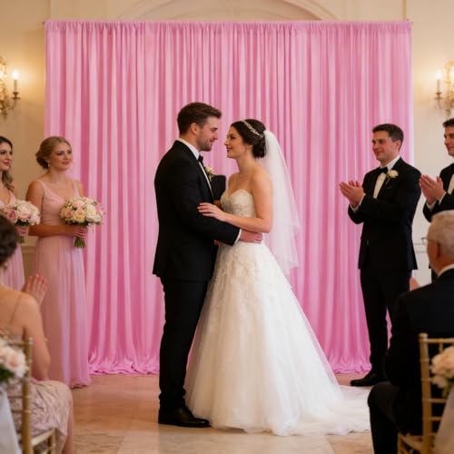 Image of 10ft x 10ft Pink Backdrop Curtains for Parties, Polyester Fabric Backdrop Drapes with Rod Pockets for Weddings, Birthday, Photography, Mother's Day, Graduation Party Background Curtain, 2 Panels
