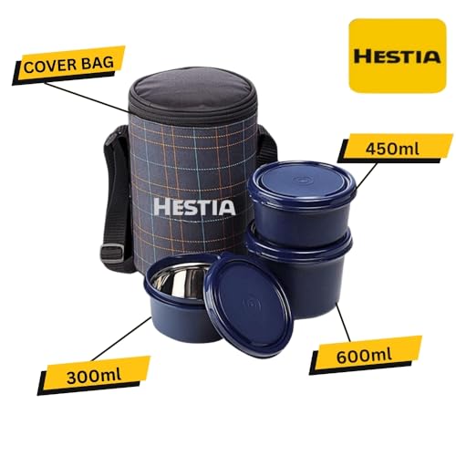 Image of Stainless Steel Lunch Box with Bag (400ml, 600ml, 250ml) | Microwave Safe Office Lunch Box with Bag | 3 Containers Tiffin Box Set for Office, School & Travel (Blue)