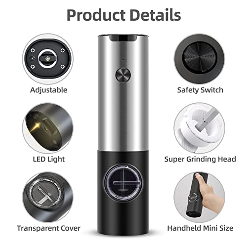Rechargeable Electric Salt And Pepper Grinder - Stainless Steel, Automatic Salt And Pepper Grinder With Led Lights, Salt Pepper Grinder With Usb Type-C Cable, One Hand Operation #TOP3