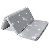 Trifold Mattress Topper for Pack N Play 38' x 26', Waterproof Breathable Soft Portable Foldable Playard Mattress Topper For Boys Girls, Baby Foam Playpen Mattresses with Removable Zippered Cover, Gray