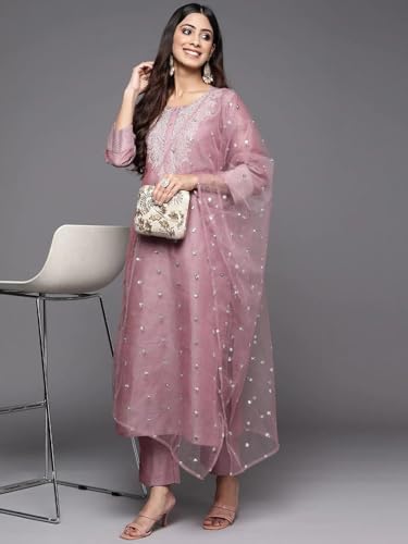 Image of Royal Export Women's Poly Silk Embroidered Yoke Design Kurta Pant Set with Dupatta