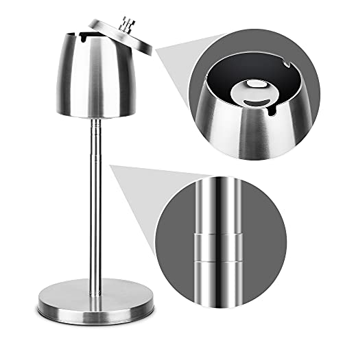 Outdoor Ashtray for Cigarettes Floor Standing Ashtray with Lid Smokeless Ashtrays Stainless Steel Windproof Ash Tray Holder for Patio Backyard Outside Indoor 8.58" to 22.13"(Silvery)