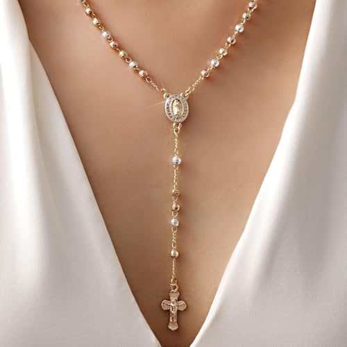women39s gold virgin mary necklace - 14k gold plated rosary bead cross necklaceshypoallergenic non tarnish gold catholic y chain necklacereligious rosary beads crucifix necklaces jewelry gift for her