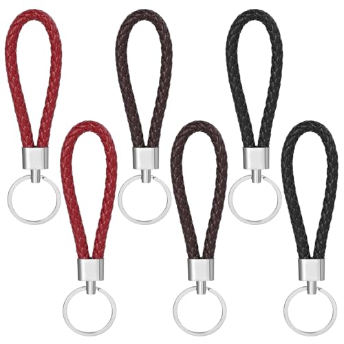 Ymapinc Lot de 6 porte-clés en cuir tressé pour homme, noir, bordeaux, marron foncé, porte-clés de voiture élégants pour femme, bon cadeau pour...